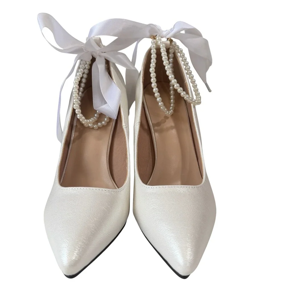 Bridal Pearl Bow Block Heel Pumps Ivory Shimmer Pointed Toe Wedding Shoes SZ 38